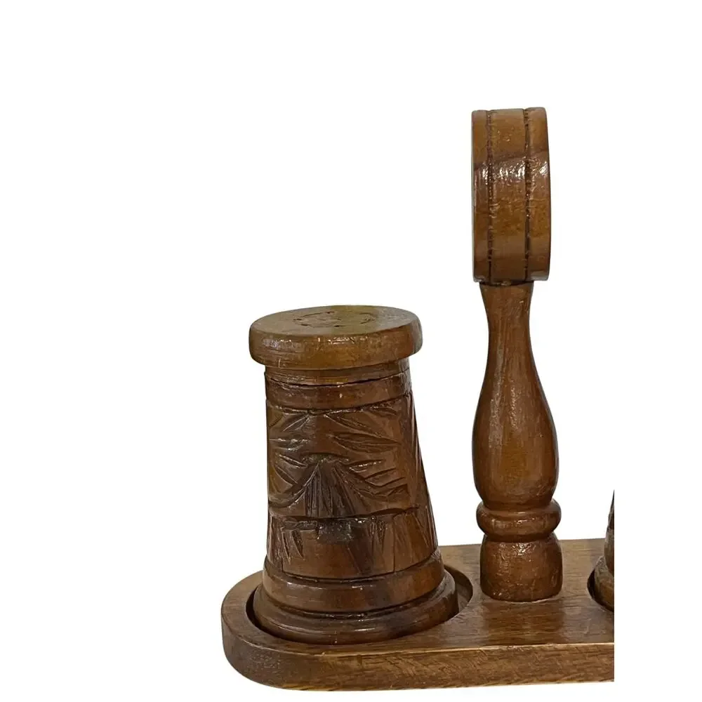 Vintage Hawaii Hardwoods Monkeypod Wood Salt Pepper Shaker Set‎ w Caddy Tiki MCM